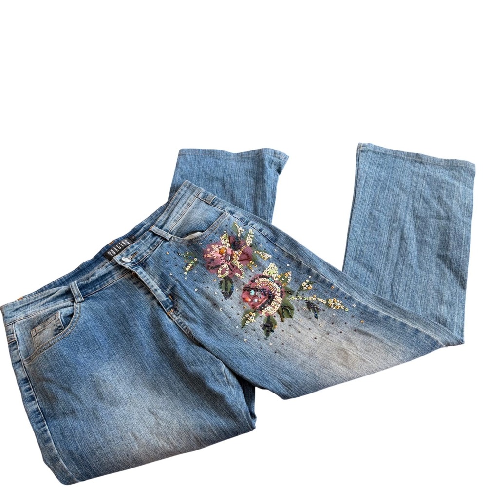 Traging Womens XL Embroidered Sequin Floral Flare Leg Blue Denim Jeans Boho VTG‎